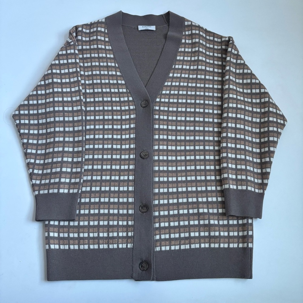 Aritzia Babaton Lacer Merino Wool Cardigan Sweater Brown White Checkered Small - Picture 16 of 17